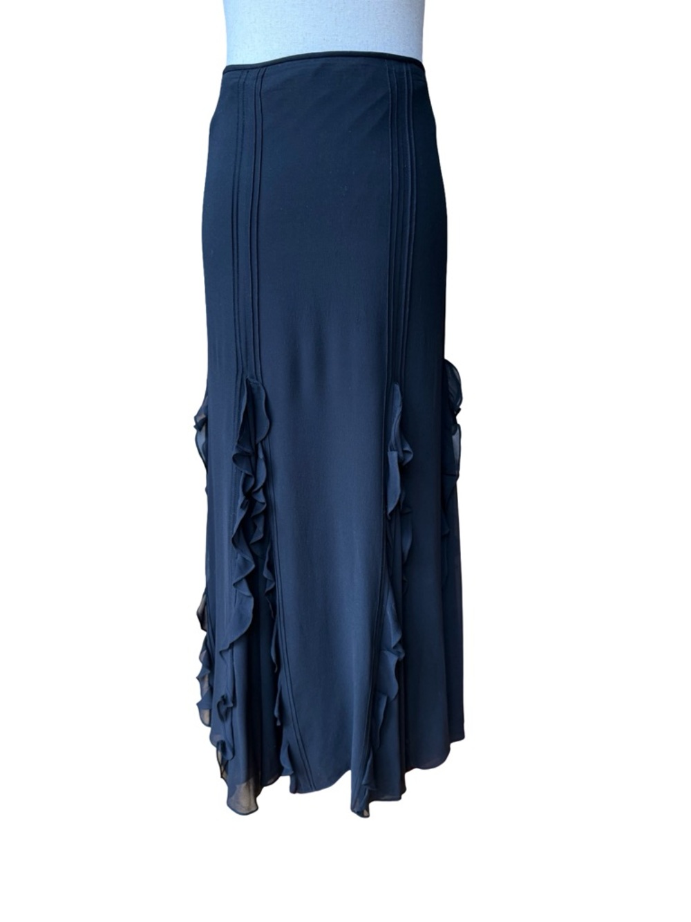 Lauren Ralph Lauren Black 100% Silk Outer Ruffle Trim Maxi Skirt Size 8